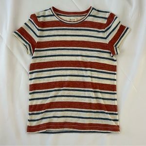 red, white, and blue striped madewell t shirt